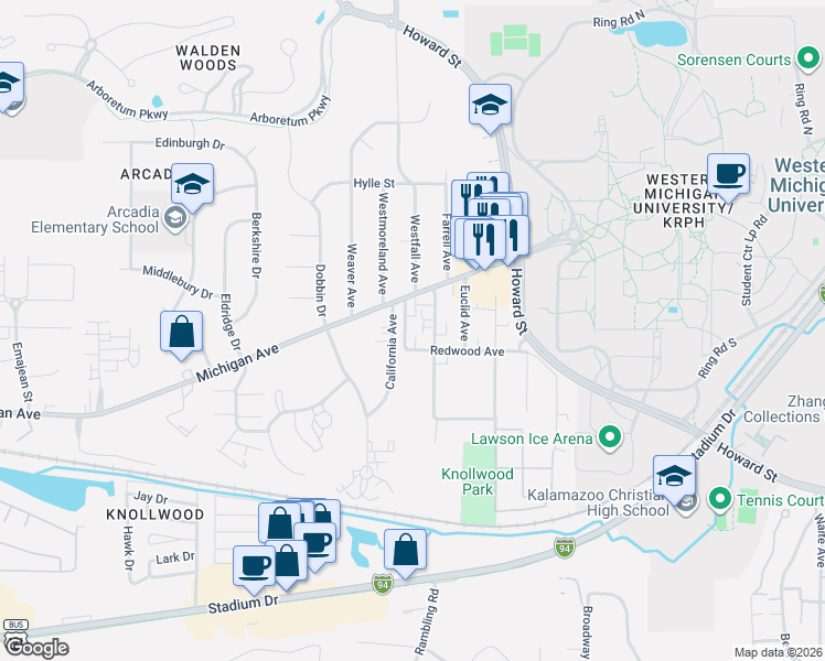 map of restaurants, bars, coffee shops, grocery stores, and more near 2918 Redwood Avenue in Kalamazoo