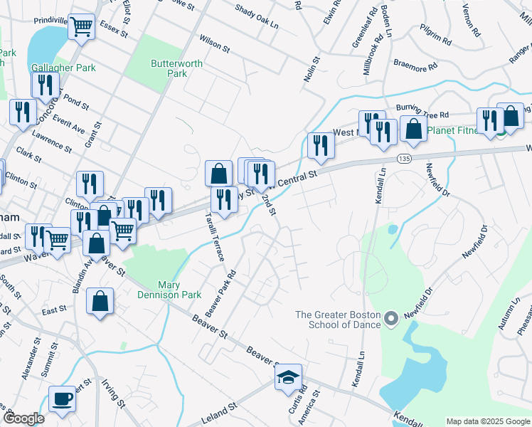 map of restaurants, bars, coffee shops, grocery stores, and more near 84-86 Beaver Park Drive in Framingham