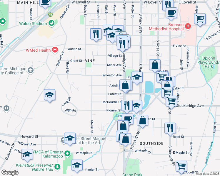 map of restaurants, bars, coffee shops, grocery stores, and more near 614 Forest Street in Kalamazoo