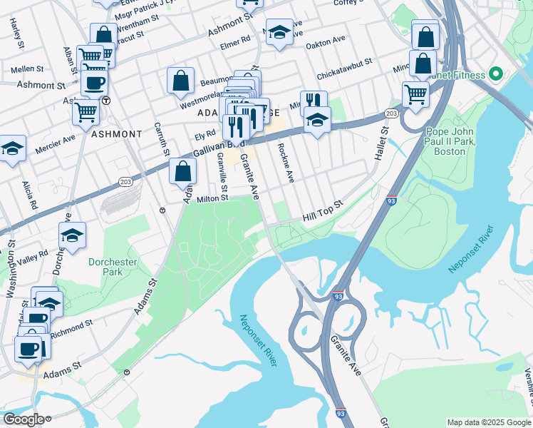 map of restaurants, bars, coffee shops, grocery stores, and more near 91b Lenoxdale Avenue in Boston