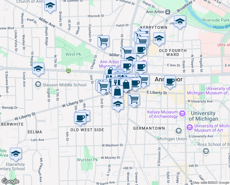 map of restaurants, bars, coffee shops, grocery stores, and more near 325 South 1st Street in Ann Arbor