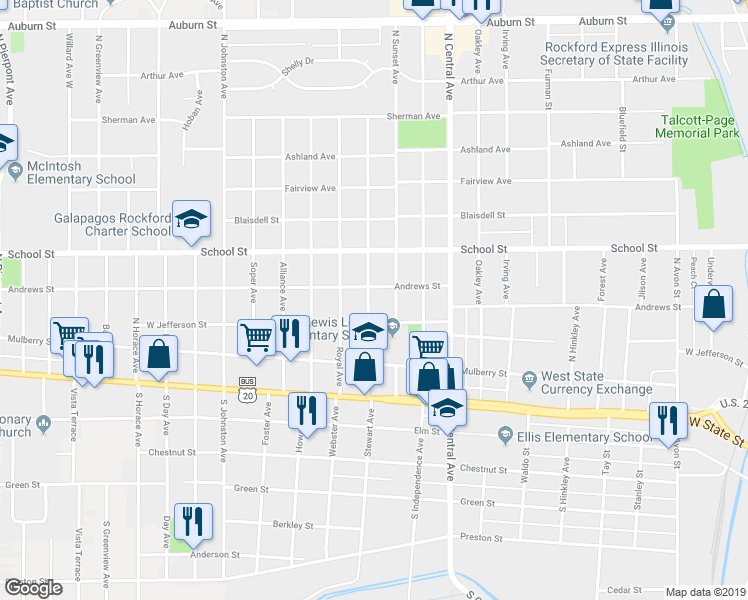 map of restaurants, bars, coffee shops, grocery stores, and more near 321 Albert Avenue in Rockford