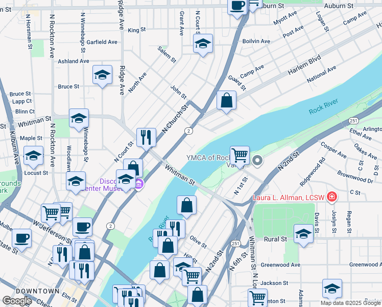 map of restaurants, bars, coffee shops, grocery stores, and more near 949 Indian Terrace in Rockford