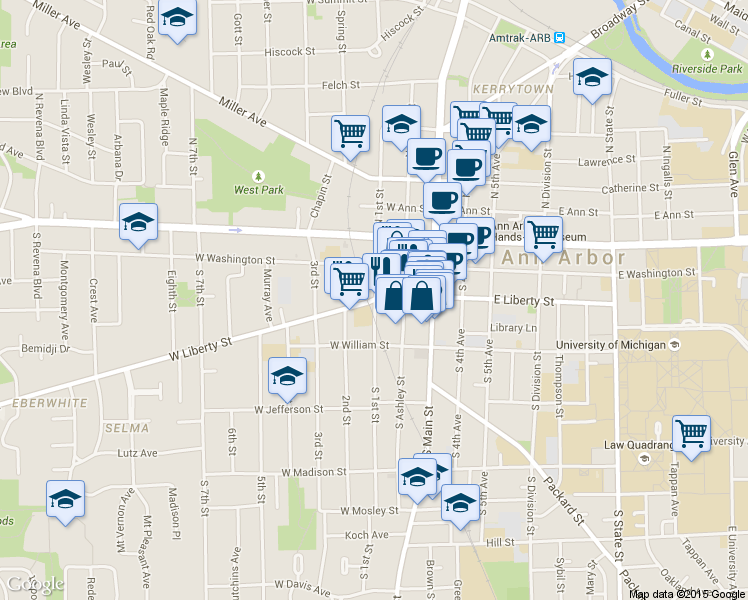 map of restaurants, bars, coffee shops, grocery stores, and more near 305 W Liberty St in Ann Arbor