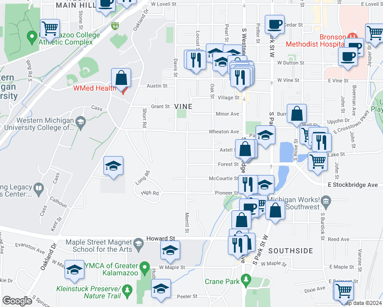 map of restaurants, bars, coffee shops, grocery stores, and more near 743 Axtell Street in Kalamazoo