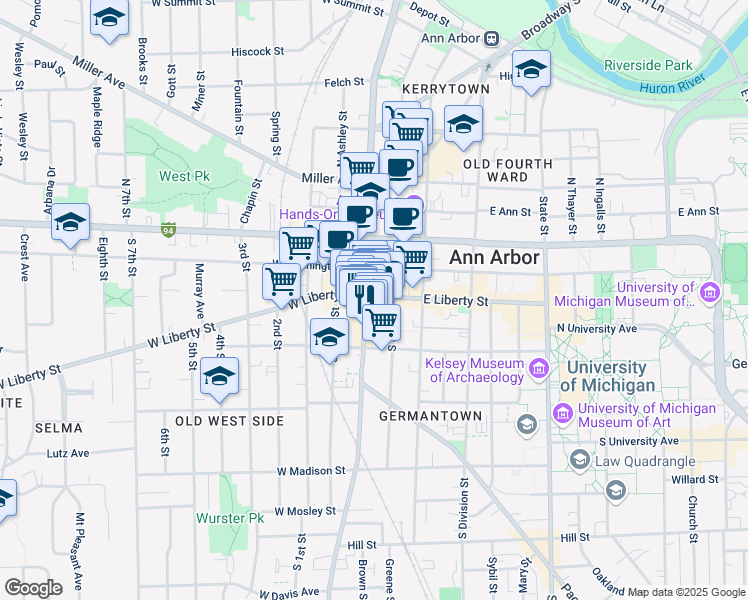 map of restaurants, bars, coffee shops, grocery stores, and more near 309 South Main Street in Ann Arbor