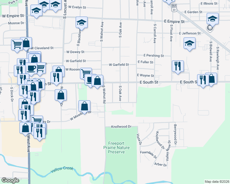 map of restaurants, bars, coffee shops, grocery stores, and more near 1750 South Oak Avenue in Freeport