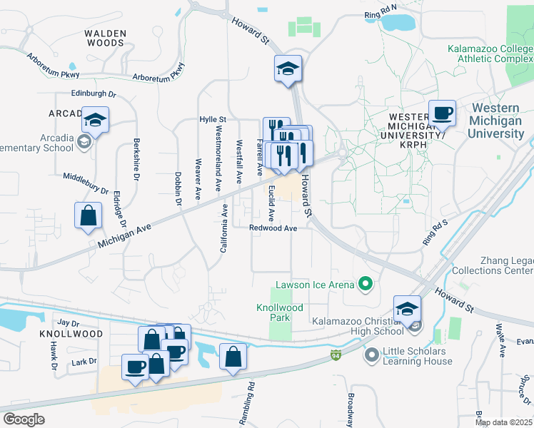 map of restaurants, bars, coffee shops, grocery stores, and more near 1211 Greenwood Avenue in Kalamazoo