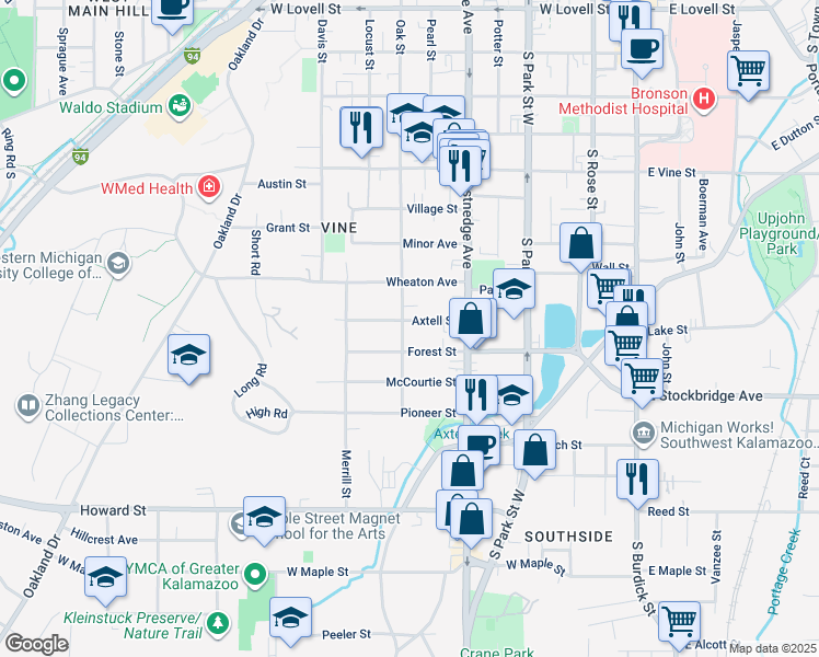 map of restaurants, bars, coffee shops, grocery stores, and more near 623 Axtell Street in Kalamazoo