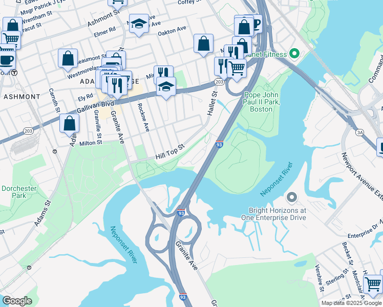 map of restaurants, bars, coffee shops, grocery stores, and more near 151 Hallet Street in Boston