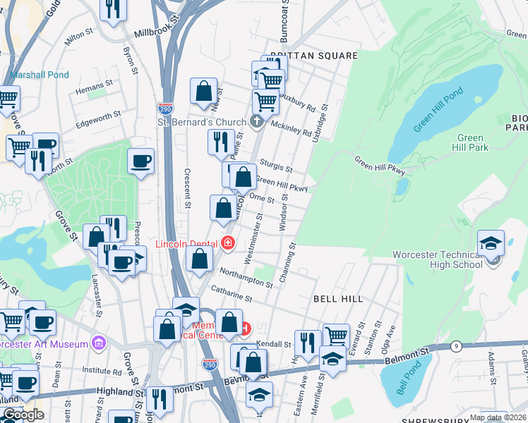 map of restaurants, bars, coffee shops, grocery stores, and more near 19 Forbes Street in Worcester