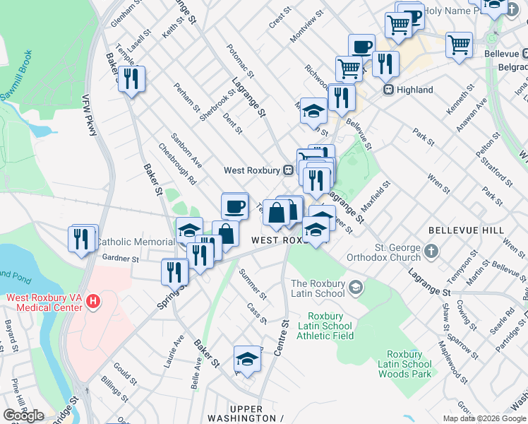 map of restaurants, bars, coffee shops, grocery stores, and more near 54 Temple Street in Boston