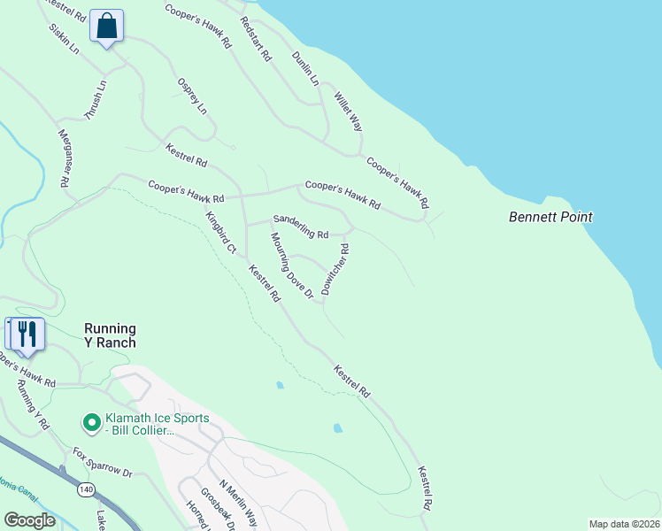 map of restaurants, bars, coffee shops, grocery stores, and more near 10162 Dowitcher Road in Klamath Falls