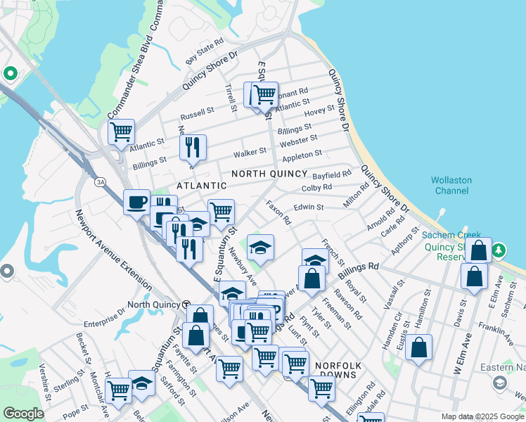 map of restaurants, bars, coffee shops, grocery stores, and more near 21 Clark Street in Quincy