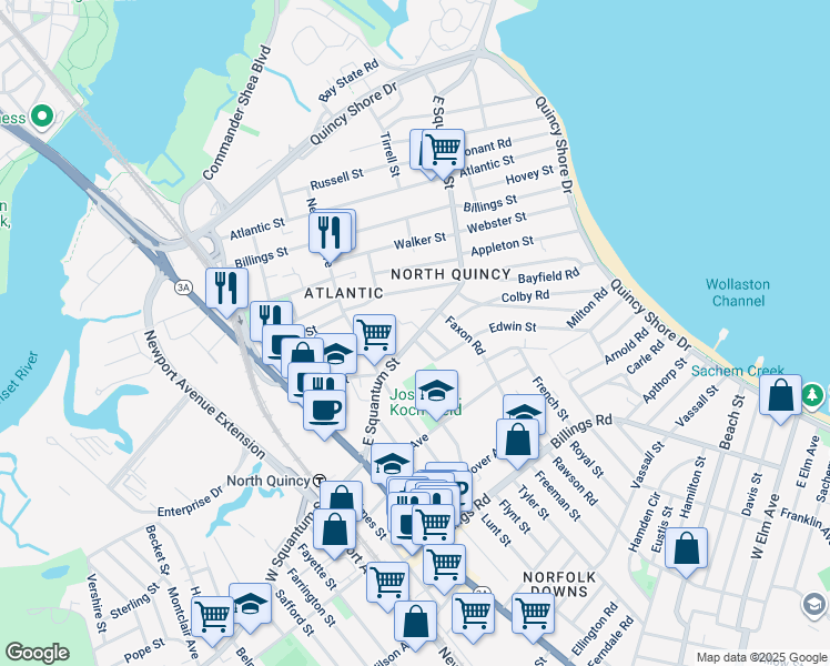 map of restaurants, bars, coffee shops, grocery stores, and more near 92 East Squantum Street in Quincy