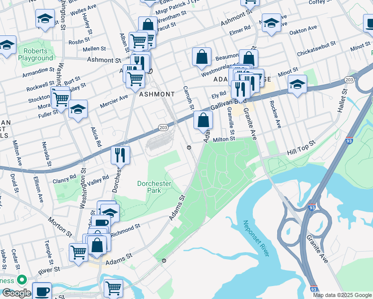 map of restaurants, bars, coffee shops, grocery stores, and more near 59 Hillsdale Street in Boston