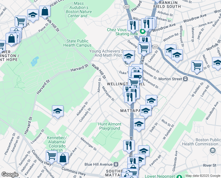 map of restaurants, bars, coffee shops, grocery stores, and more near 12-14 Mulvey Street in Boston