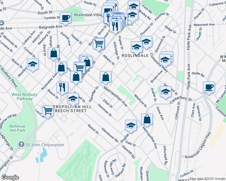 map of restaurants, bars, coffee shops, grocery stores, and more near 139 Metropolitan Avenue in Boston
