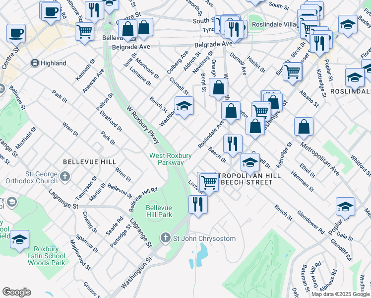 map of restaurants, bars, coffee shops, grocery stores, and more near 270 Roslindale Avenue in Boston