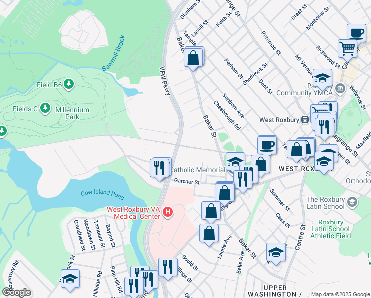 map of restaurants, bars, coffee shops, grocery stores, and more near 1208 VFW Parkway in Boston