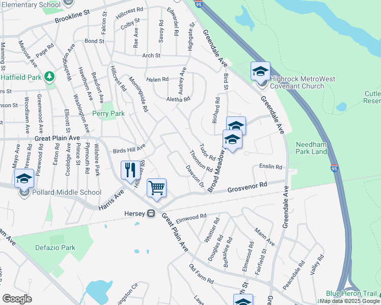 map of restaurants, bars, coffee shops, grocery stores, and more near 71 Dawson Drive in Needham
