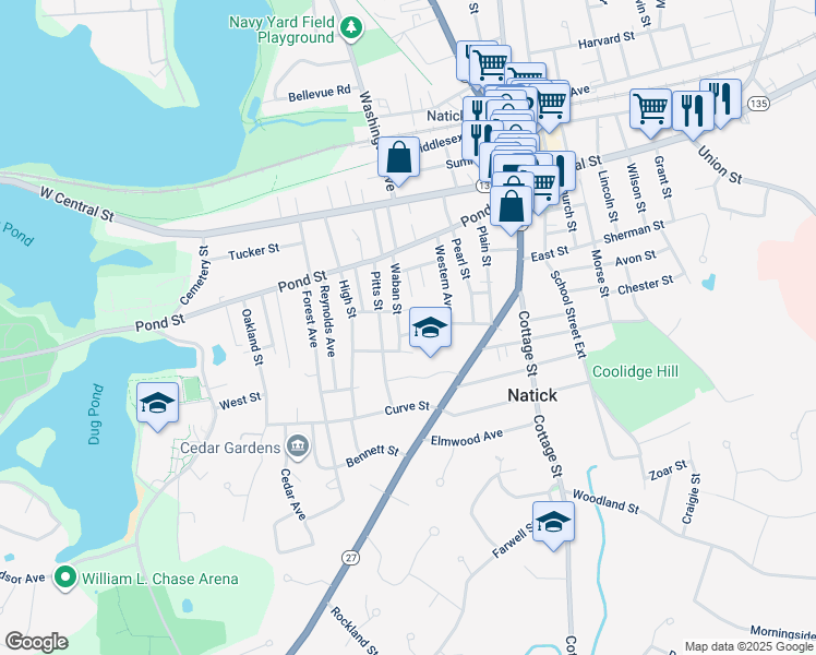 map of restaurants, bars, coffee shops, grocery stores, and more near 27 Wabaw Street in Natick