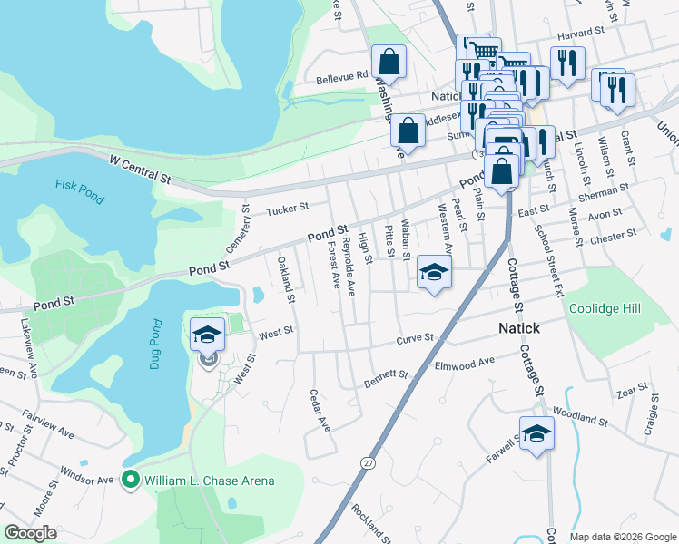 map of restaurants, bars, coffee shops, grocery stores, and more near 20 Forest Avenue in Natick