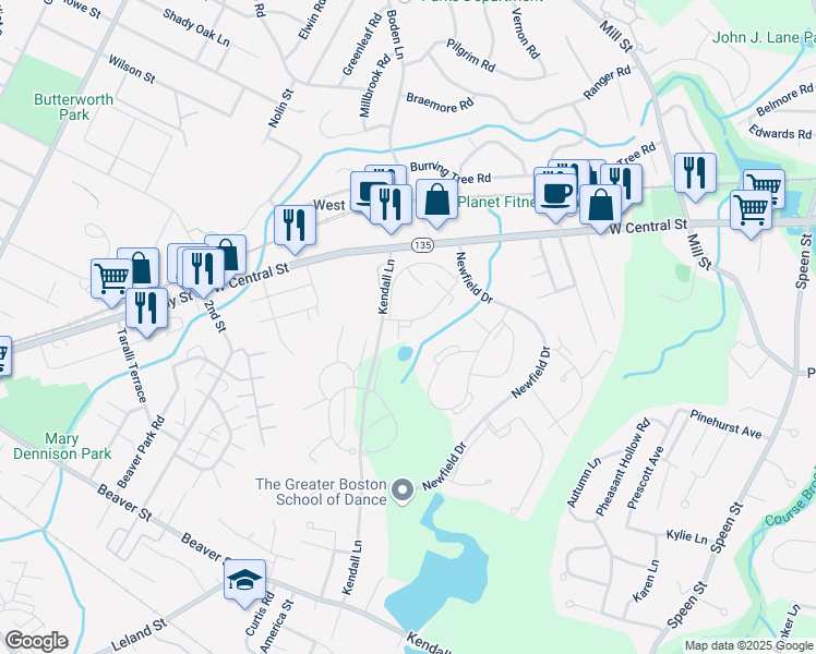 map of restaurants, bars, coffee shops, grocery stores, and more near 14 Village Way in Natick