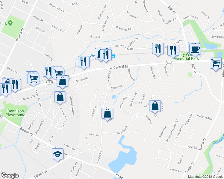 map of restaurants, bars, coffee shops, grocery stores, and more near 18 Village Way in Natick