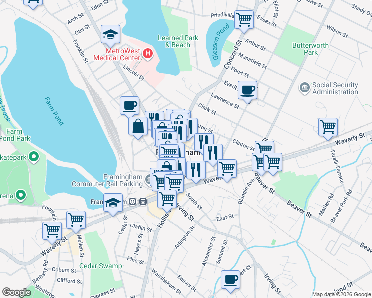 map of restaurants, bars, coffee shops, grocery stores, and more near 39 Frederick Street in Framingham