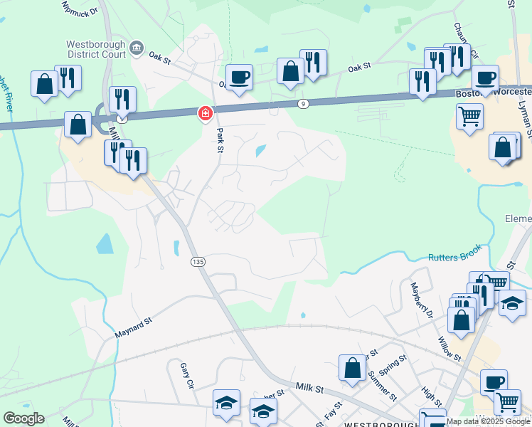 map of restaurants, bars, coffee shops, grocery stores, and more near 450 Treetop Park in Westborough