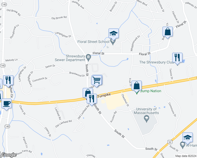 map of restaurants, bars, coffee shops, grocery stores, and more near 237 South Street in Shrewsbury