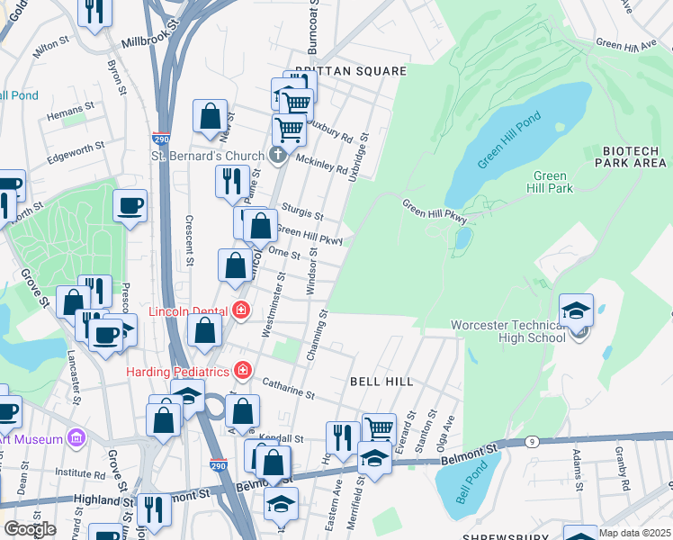map of restaurants, bars, coffee shops, grocery stores, and more near 57 Channing Street in Worcester