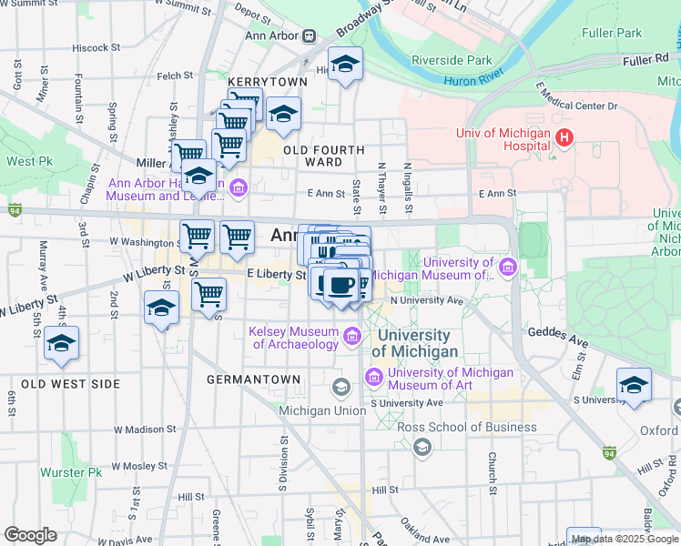 map of restaurants, bars, coffee shops, grocery stores, and more near 309 Maynard Street in Ann Arbor