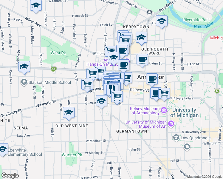 map of restaurants, bars, coffee shops, grocery stores, and more near 309 South Main Street in Ann Arbor
