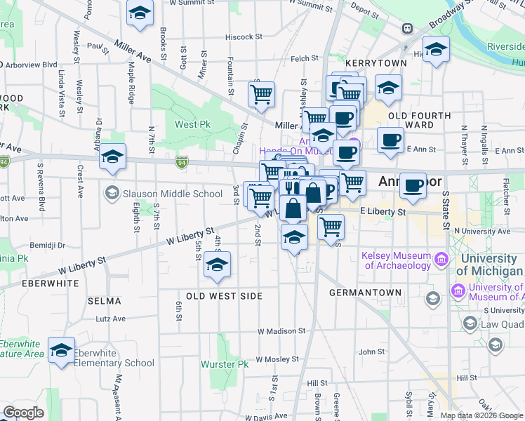 map of restaurants, bars, coffee shops, grocery stores, and more near 403 West Liberty Street in Ann Arbor