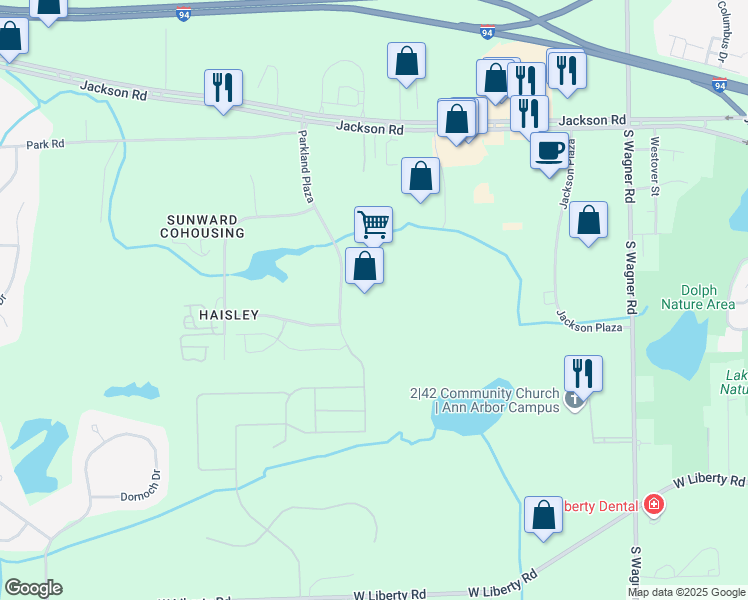 map of restaurants, bars, coffee shops, grocery stores, and more near 371 Parkland Plaza in Ann Arbor