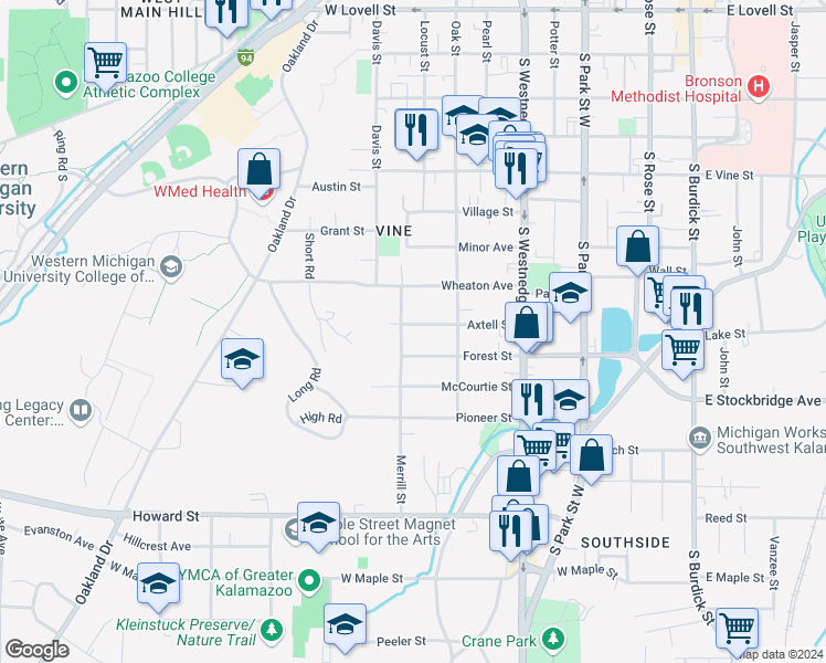 map of restaurants, bars, coffee shops, grocery stores, and more near 1224 Merrill Street in Kalamazoo