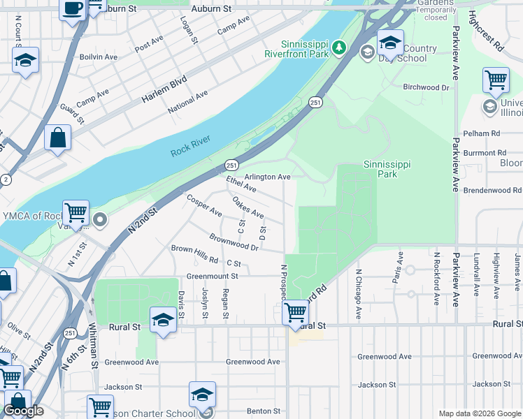 map of restaurants, bars, coffee shops, grocery stores, and more near 1627 Oakes Avenue in Rockford
