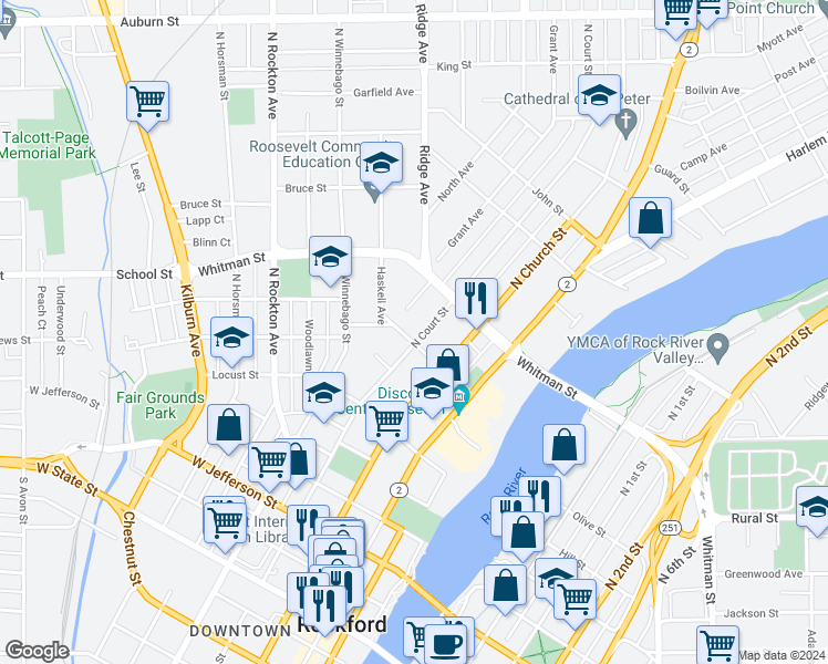 map of restaurants, bars, coffee shops, grocery stores, and more near 426 Fisher Avenue in Rockford