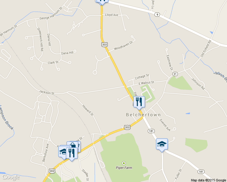 map of restaurants, bars, coffee shops, grocery stores, and more near 19 Jackson Street in Belchertown