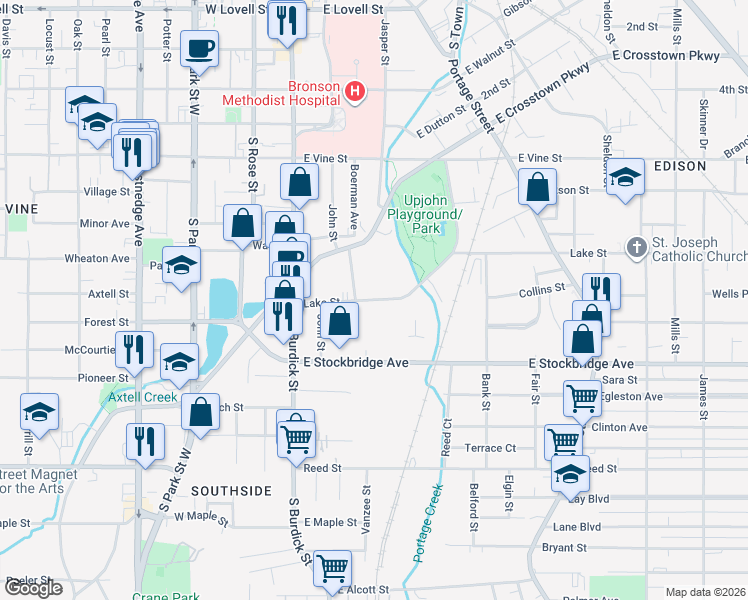 map of restaurants, bars, coffee shops, grocery stores, and more near 316 Lake Street in Kalamazoo