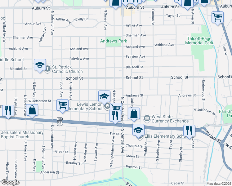 map of restaurants, bars, coffee shops, grocery stores, and more near 302 North Central Avenue in Rockford