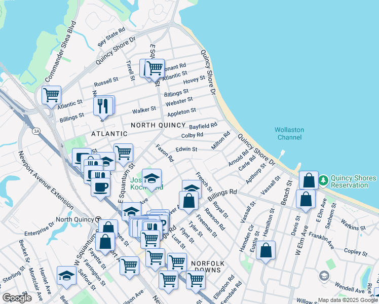 map of restaurants, bars, coffee shops, grocery stores, and more near 69 Henry Street in Quincy