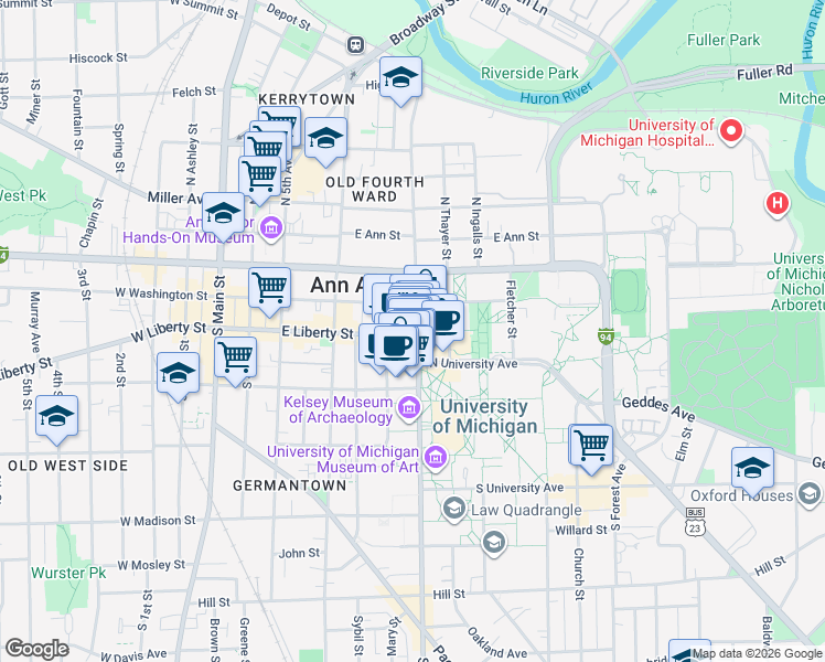 map of restaurants, bars, coffee shops, grocery stores, and more near 311 South State Street in Ann Arbor