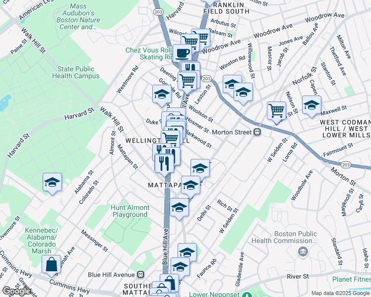 map of restaurants, bars, coffee shops, grocery stores, and more near 21 Evelyn Street in Boston