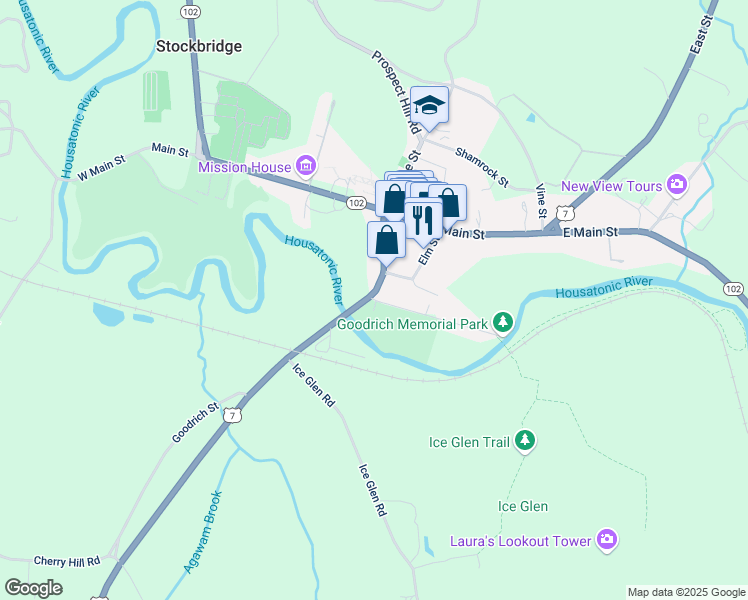 map of restaurants, bars, coffee shops, grocery stores, and more near 29 Park St in Stockbridge