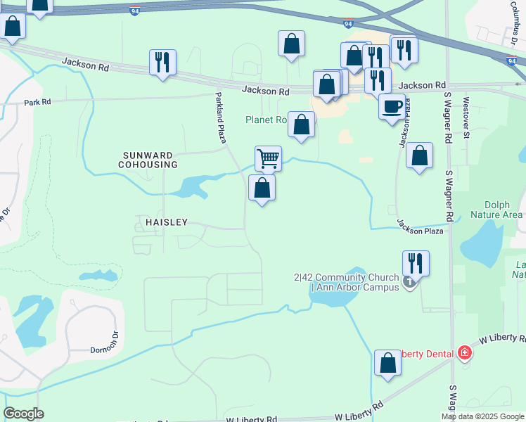 map of restaurants, bars, coffee shops, grocery stores, and more near 371 Parkland Plaza in Ann Arbor