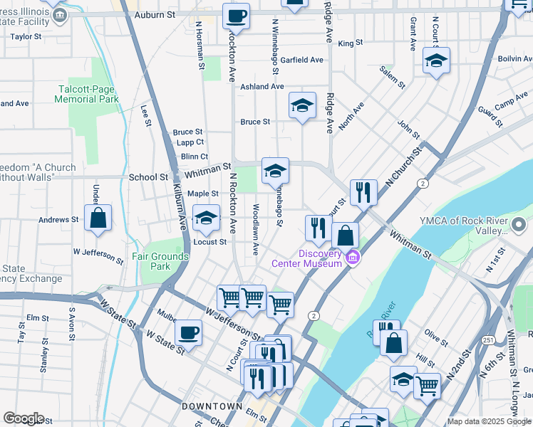 map of restaurants, bars, coffee shops, grocery stores, and more near 642 North Winnebago Street in Rockford