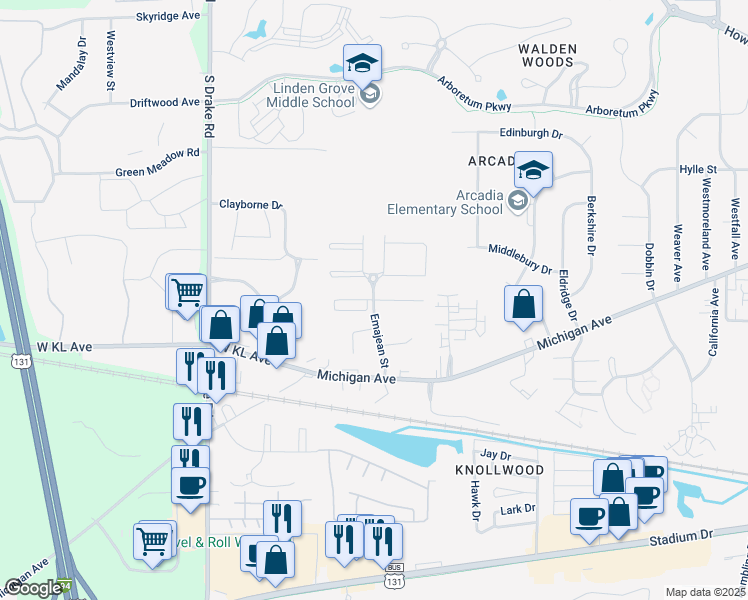 map of restaurants, bars, coffee shops, grocery stores, and more near 4200 Hidden Hills Drive in Kalamazoo